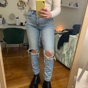 American Eagle high waisted light washed ripped mom jeans